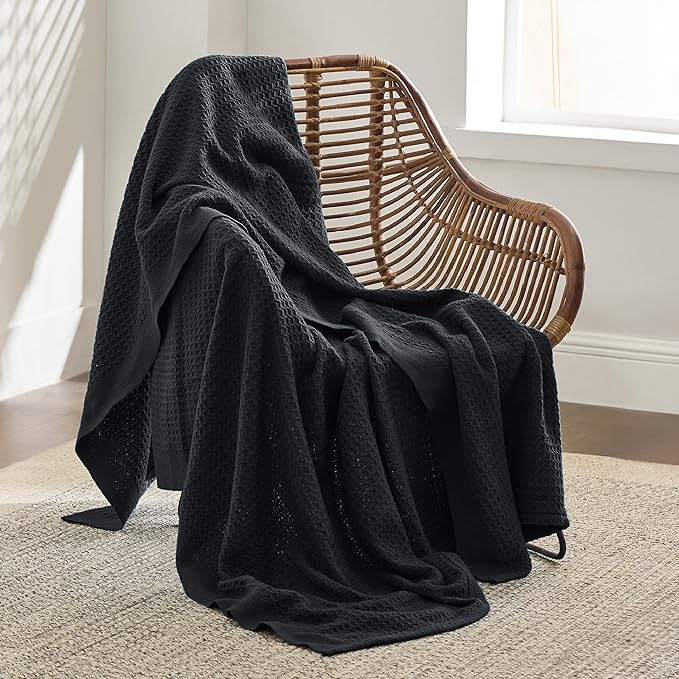 Bedsure Gentlesoft 100% Cotton Blanket Twin XL Size for College Dorm - Breathable and Soft, Waffle Weave Twin Blanket for Summer, Dorm Room Essentials, Black, 66x90 inches