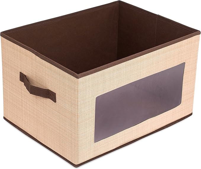 Internet's Best Storage Box with Window - Durable Storage Bin Basket Containers with Lids and Handles - Clothes Nursery Toys Organizer - Brown (Beige)