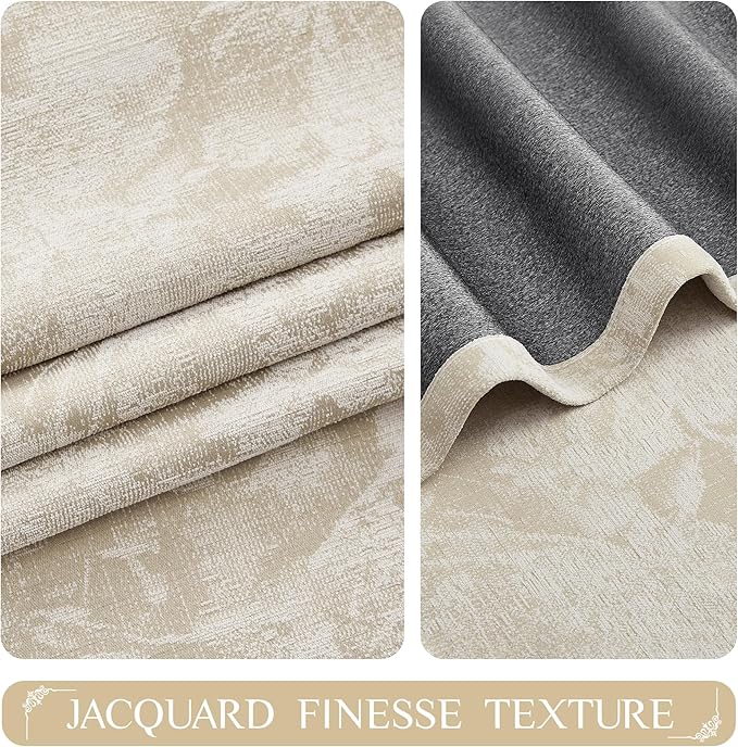 Beauoop Beige Floral Jacquard Blackout Curtains 96 Inches Long 2 Panels for Bedroom Living Room Taupe Flower Chenille Room Darkening Thermal Insulated Soundproof Grommet Window Treatments Drapes 52x96