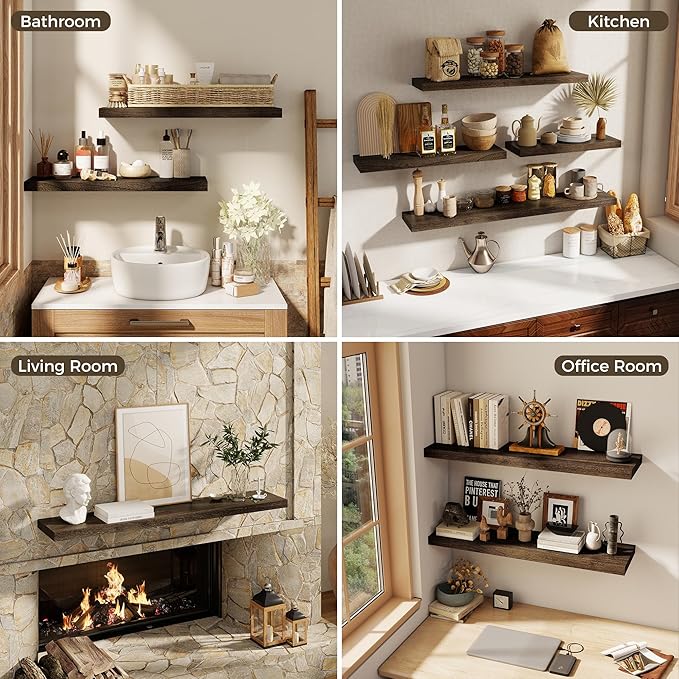 24 Inch Floating Shelves for Wall, 8"D High End Solid Hardwood Shelves for Decor Storage, Rustic Wall Shelves with Invisible Heavy Duty Brackets for Living Room, Kitchen, Bathroom, Walnut, 2 Pack