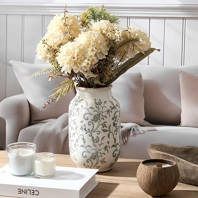SIDUCAL Ceramic Vintage Vase, 8.78 Inch Chinoiserie Floral Vase, Retro Ice Cracked Rustic Farmhouse Vases for Home Decor, Living Room, Bookshelf, Office, Tuscan Decor, Gray Floral Pattern