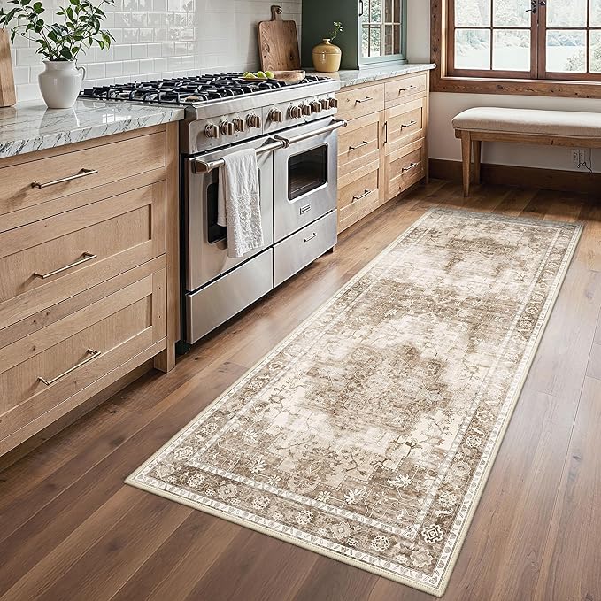 BESBLEE Runner Rug 2'6''x6 Non Slip Machine Washable Vintage Hallway Runner Rug, Low PileLight Weight Rugs for Entryway, Hallway, Kitchen and Corridor, Latte Beige