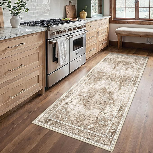 BESBLEE Runner Rug 2'6''x6 Non Slip Machine Washable Vintage Hallway Runner Rug, Low PileLight Weight Rugs for Entryway, Hallway, Kitchen and Corridor, Latte Beige