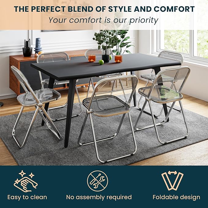 LeisureMod Lawrence Modern Clear Acrylic Folding Chair with Metal Frame, Space-Saving Transparent Seating for Dining Room, Home Office, Bedroom, Vanity or Small Spaces, (Transparent Black, Singles)
