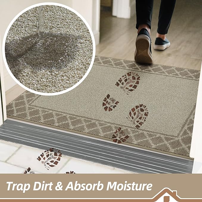 BEQHAUSE Door Mat Dirt Trapper Non Slip Entryway Rugs Absorbent Welcome Mat Low Profile Washable Front Door Mat for Muddy Paws,Entrance,Hallway, 20" x 32", Beige