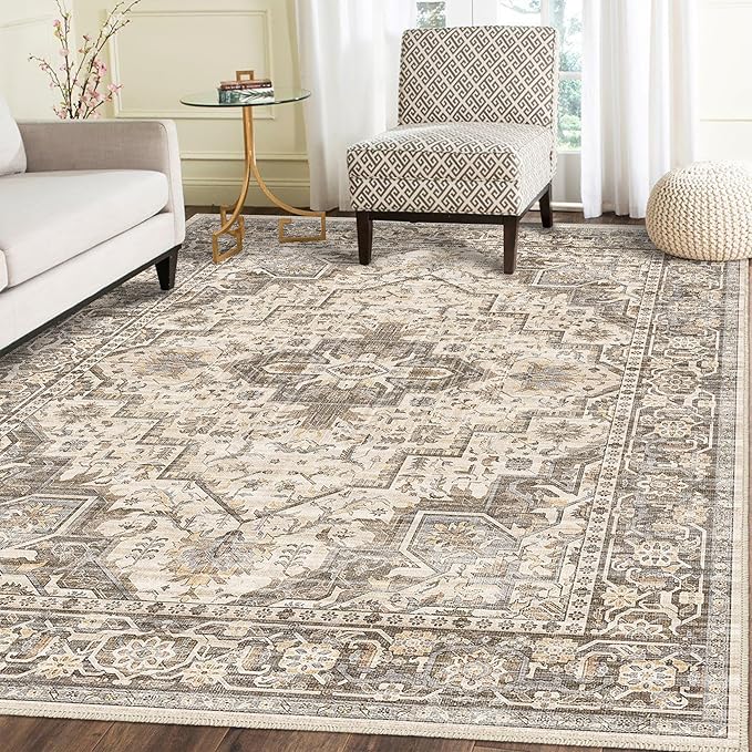 Fortsea Machine Washable Soft Area Rug 8x10 Rugs with Non Slip Backing for Living Room, Bedroom, Bathroom,Printed Vintage Home Decor, Floor Decoration Carpet Mat (Coffee Beige 8x10)…