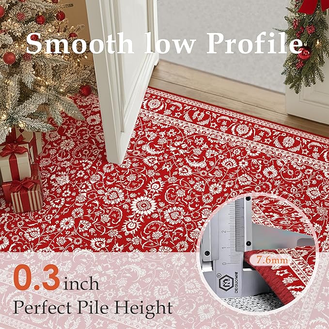 HUGEAR Christmas 6x9 Machine Washable Rugs Red Hallway Large Area Rug Indoor Accent Rug Floral Low Pile Carpet Soft Throw Aesthetic Rug Bedroom Living Room Office Dining Room Kitchen Laundry Room
