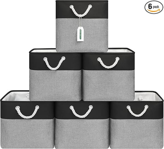 13x13 Inch Cube Storage Bins with Reinforced Bottom Cardboard, 6 Pack Large Foldable Fabric Storage Cubes with Handles for Shelf, Closet, Laundry Organization (Black&Gray)