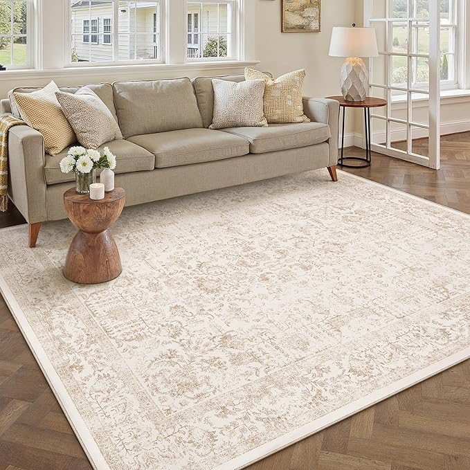 PureCozy Beige Area Rug 5x7 Machine Washable Vintage Living Room Distressed Non Slip Carpet Traditional Indoor Bedroom Retro Floral Accent Throw Large Rug for Office Kitchen Bathroom Dining Room