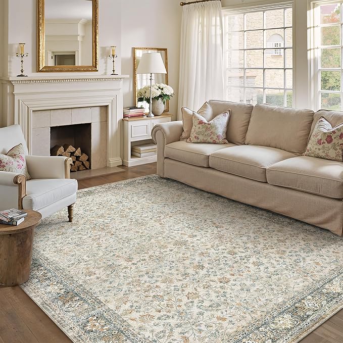 PureCozy Beige Area Rug 8x10 Living Room Machine Washable Vintage Carpet Non Slip Indoor Retro Traditional Accent Throw Large Rug for Office Bedroom Dining Room Playroom