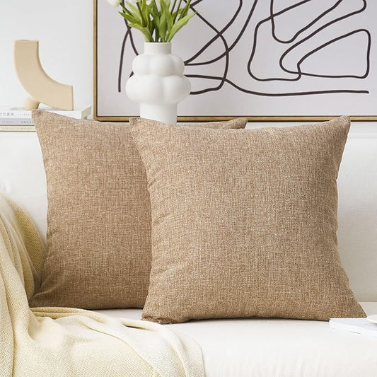 Home Brilliant 2 Pack Burlap Linen European Pillowcases Pillow Sham Large Cushion Covers for Sofa, 24x24 inches(60cm), Natural Linen