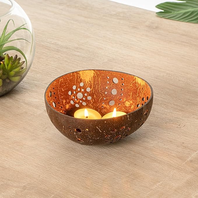 Restaurantware-Coco Casa 5.1 x 2 Inch Coconut Shell Candle Holders, 10 Reusable Tealight Holders - Candle Not Included, Sun Pattern, Brown Coconut Bowls For Candles, Handcrafted