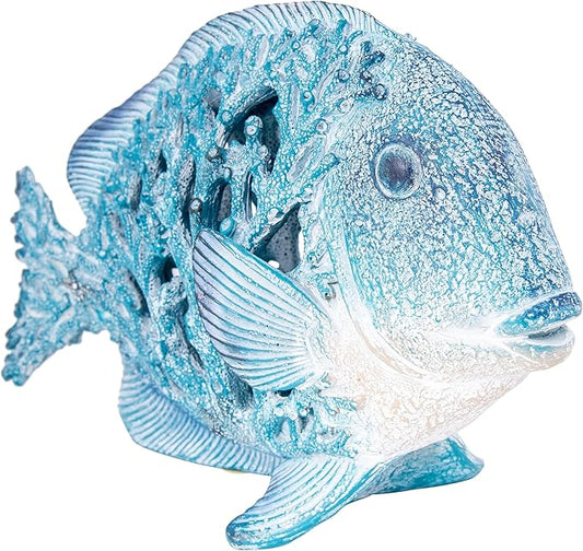 Coral Reef Fish Figurine Coastal Home Decor Ocean Themed Accent for Shelf, Countertop & Centerpiece 12 1/2 in (Blue)