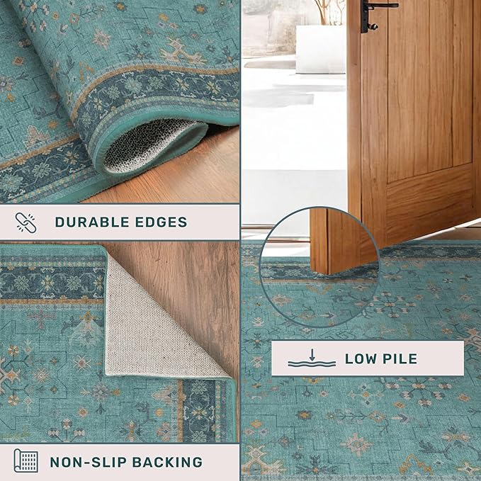 Boho Teal 6x8 Rug for Living Room, Washable Area Rugs for Bedroom, Dining Room Under Table, Vintage Turquoise Décor Indoor, Low Pile & Soft Carpet