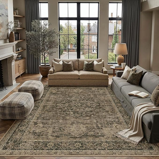 PureCozy 8x10 Washable Area Rug Brown Vintage Distressed Large Rug for Living Room Oriental Soft Thin Indoor Retro Carpet Non Slip Low Pile Floor Cover for Bedroom Dining Room Office Nursery