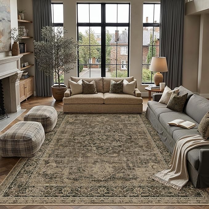 PureCozy 6x9 Washable Area Rug Brown Vintage Distressed Large Rug for Living Room Oriental Soft Thin Indoor Retro Carpet Non Slip Low Pile Floor Cover for Bedroom Dining Room Office Nursery