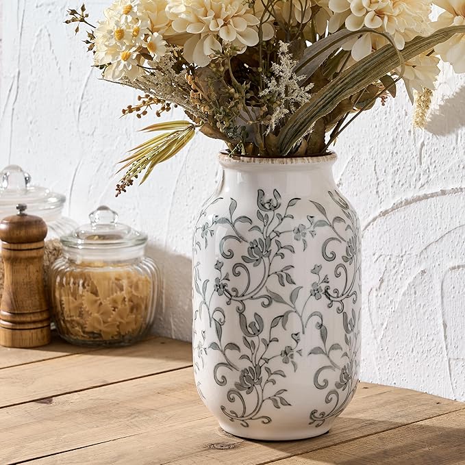 SIDUCAL Ceramic Vintage Vase, 8.78 Inch Chinoiserie Floral Vase, Retro Ice Cracked Rustic Farmhouse Vases for Home Decor, Living Room, Bookshelf, Office, Tuscan Decor, Gray Floral Pattern