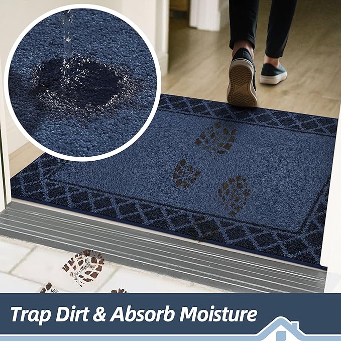 BEQHAUSE Door Mat Dirt Trapper Non Slip Entryway Rugs Absorbent Welcome Mat Low Profile Washable Front Door Mat for Muddy Paws,Entrance,Hallway, 32" x 48", Navy Blue