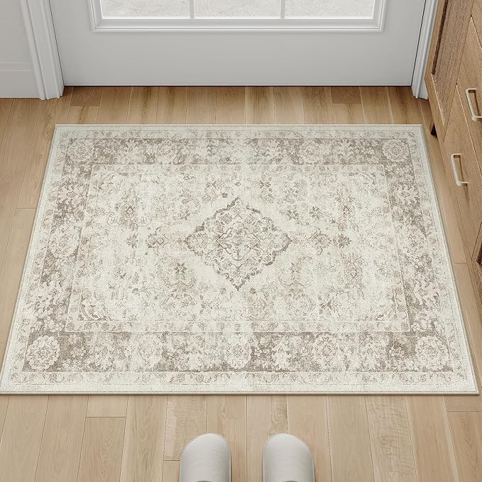 PureCozy 2x3 Area Rug Beige Washable Entryway Door Mat Carpet Vintage Distressed Small Non Slip Low Pile Thin Kitchen Entrance Medallion Accent Throw Rug Bedroom Office Living Room Bathroom