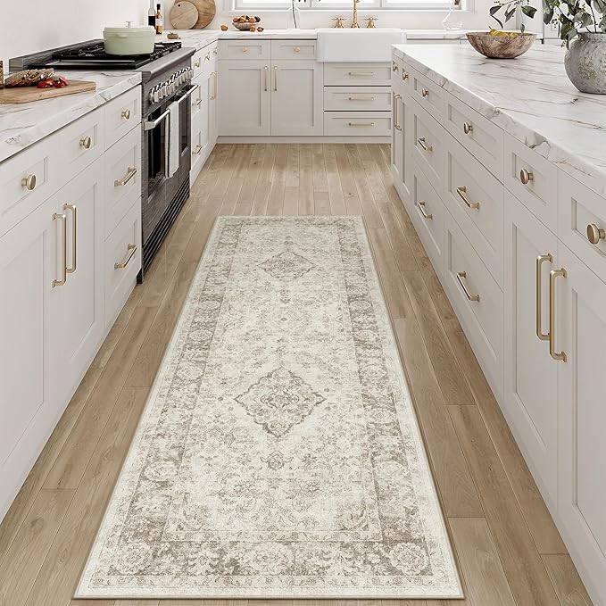PureCozy 2x6 Runner Rug Beige Washable Hallway Kitchen Carpet Vintage Distressed Small Non Slip Low Pile Thin Bedroom Medallion Accent Throw Rug Laundry Living Room