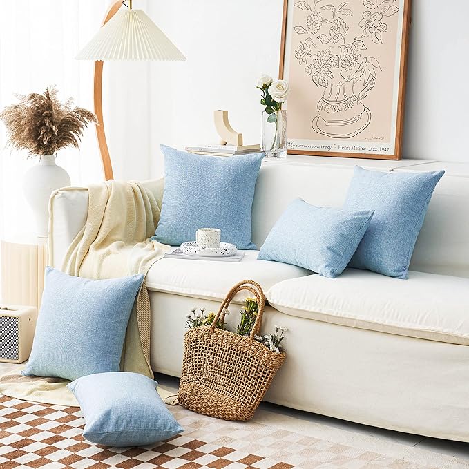 Home Brilliant 2 Pack Burlap Decorative Throw Pillow Covers 16x16 Farmhouse Pillow Covers for Bed, 16 x 16 inches, Light Blue