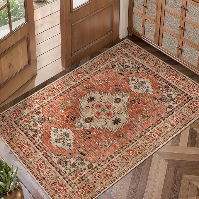 Boho Small Area Rug, 2x3 Washable Rug for Entryway, Vintage Throw Rug Oriental Non Slip Indoor Front Door, Distressed Terracotta Door Mat Carpet, Soft Low Pile Rugs for Entrance Kitchen Bedroom