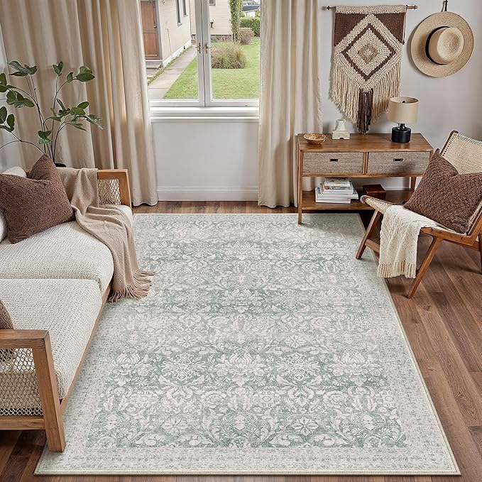 PureCozy Green 3x5 Area Rug Washable Entryway Office Vintage Carpet Indoor Non Slip Small Low Plie Thin Bedroom Kitchen Rug Retro Accent Throw Living Dining Room Bathroom