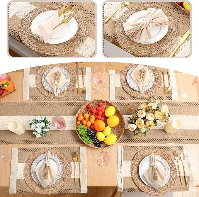 6 Sets Boho Placemats Round Woven Placemats, Cloth Napkins, Wood Bead Napkin Rings, Long Table Runner and Farmhouse Rustic Burlap Cotton for Kitchen Dining Table Home (Khaki B)