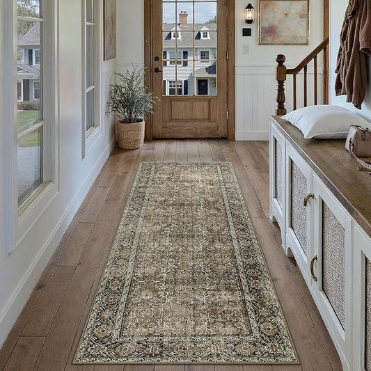 PureCozy Brown Runner Rug 2x5 Vintage Area Carpet Hallway Indoor Kitchen Washable Living Room Low Pile Traditional Distressed Retro Accent Throw Rug Non Slip for Laundry Bathroom Office Dining Room