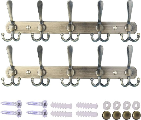 Dseap Wall Mounted Coat Rack - 5 Tri Hooks, Heavy Duty, Stainless Steel, Metal Coat Hook Rail for Coat Hat Towel Purse Robes Mudroom Bathroom Entryway (Bronze, 2 Packs)