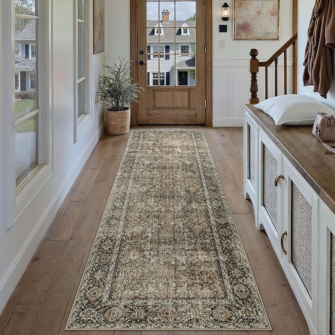 PureCozy Brown Runner Rug 2x14 Vintage Area Carpet Hallway Long Indoor Kitchen Washable Living Room Low Pile Traditional Distressed Retro Accent Throw Rug Non Slip Laundry Bathroom Office Dining Room