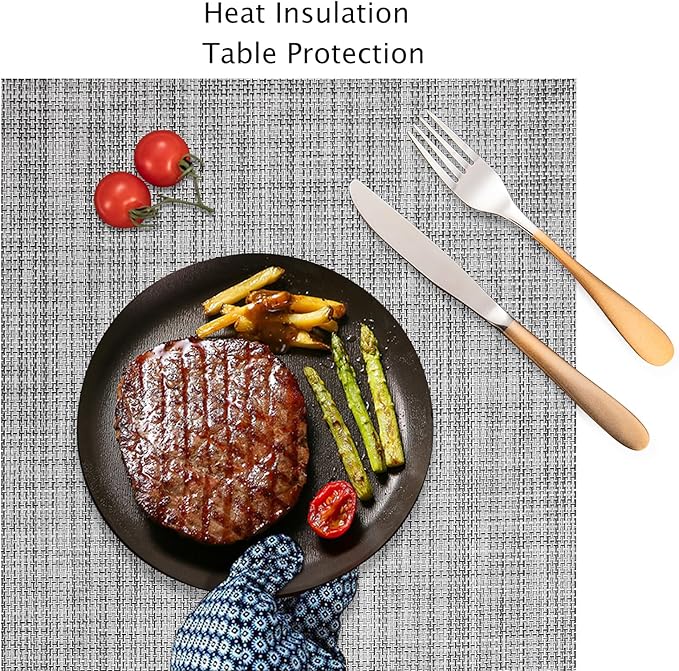 Myir JUN Placemats Set of 4, Vinyl Woven Placemats Place Mats Indoor Set of 4 Washable Table Mats Non-Slip Place mats for Dining Table (Light Gray, Set of 4)