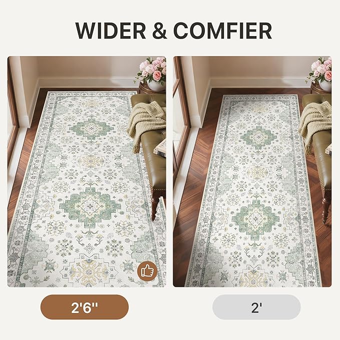 GENIMO 2'6''X6 Area Rugs for Living Room,Machine Washable Non-Slip Vintage Rug, Low Pile Lightweight Carpet for Bedroom, Dining Room, Home Office, Stain & Fade Resistant,Green