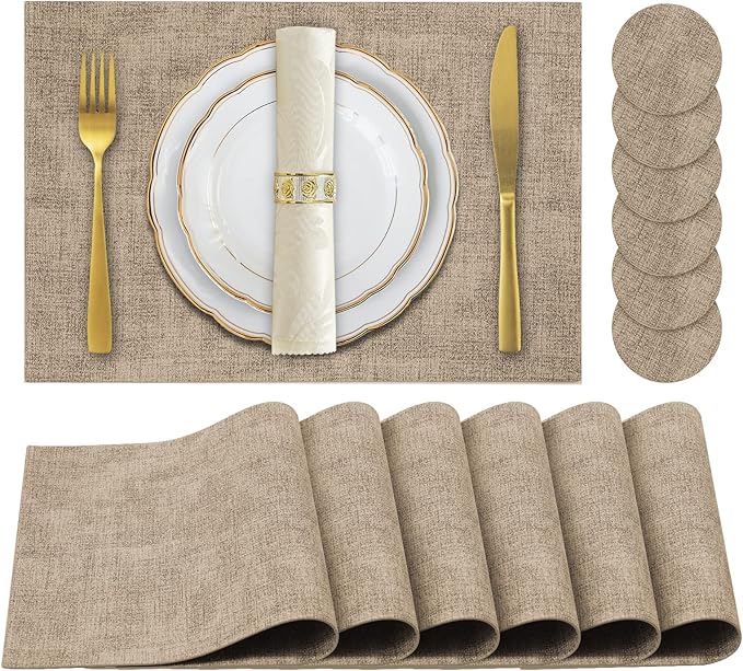 Faux Leather Placemats Set of 6,Heat Resistant Placemats for Dining Table, Easy Clean Non-Slip Place Mats, Waterproof Stain Resistant Wipeable Washable PU Table Mats, (Light Brown)
