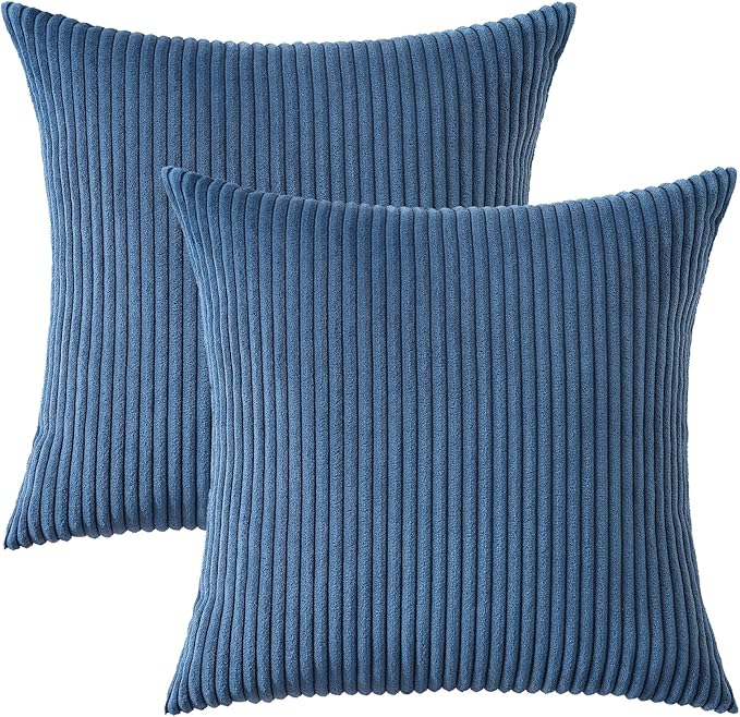 Mecatny Corduroy Decorative Throw Pillow Covers 18x18 Set of 2 for Sofa Living Room, Soft Neutral Boho Couch Pillow Covers for Home Decor, Navy Blue