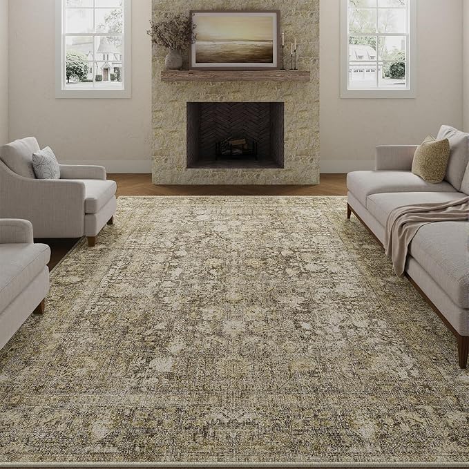 PureCozy Brown Area Rug 5x7 Machine Washable Vintage Living Room Distressed Non Slip Carpet Traditional Indoor Bedroom Retro Floral Accent Throw Large Rug Office Kitchen Bathroom Dining Room