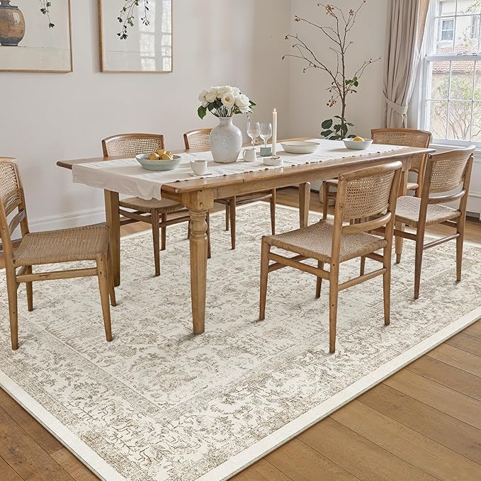 PureCozy Light Brown Area Rug 5x7 Machine Washable Vintage Living Room Distressed Non Slip Carpet Traditional Indoor Bedroom Retro Floral Accent Throw Large Rug Office Kitchen Bathroom Dining Room