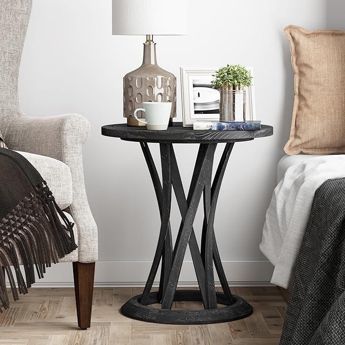 COZAYH Round Farmhouse End Table with Crisscross Pedestal Base, Distressed Finish Side Table Rustic Accent Table for Living Room, Pine Wood, Black