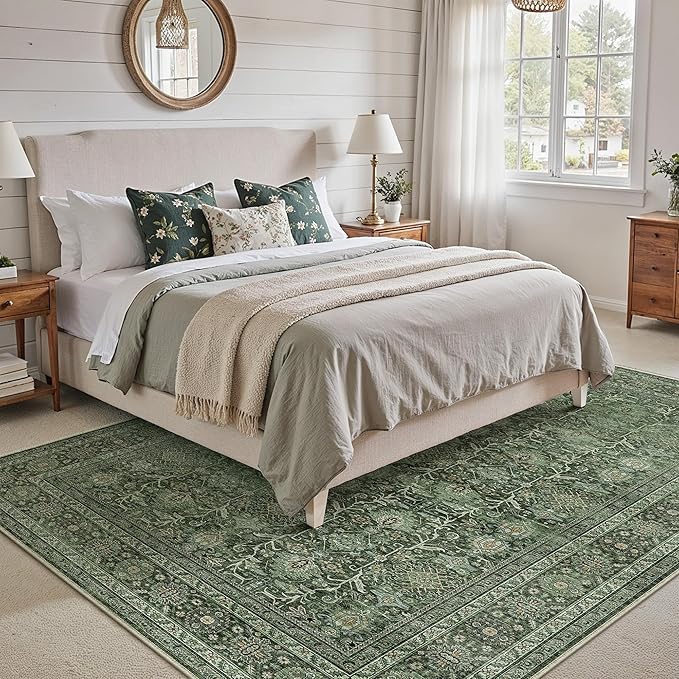 PureCozy Area Rug 5x7 Green Washable Living Room Carpet Soft Non Slip Vintage Bedroom Indoor Office Traditional Retro Distressed Thicker Throw Large Rug for Dining Room Bathroom Kitchen