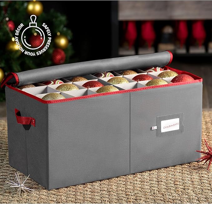 ZOBER Large Christmas Ornament Storage Box - Stores 54 4" Large Ornaments, With Dividers - Ornament Organizer Storage Box, Durable Christmas Containers Holder, Dual Zipper - Gray