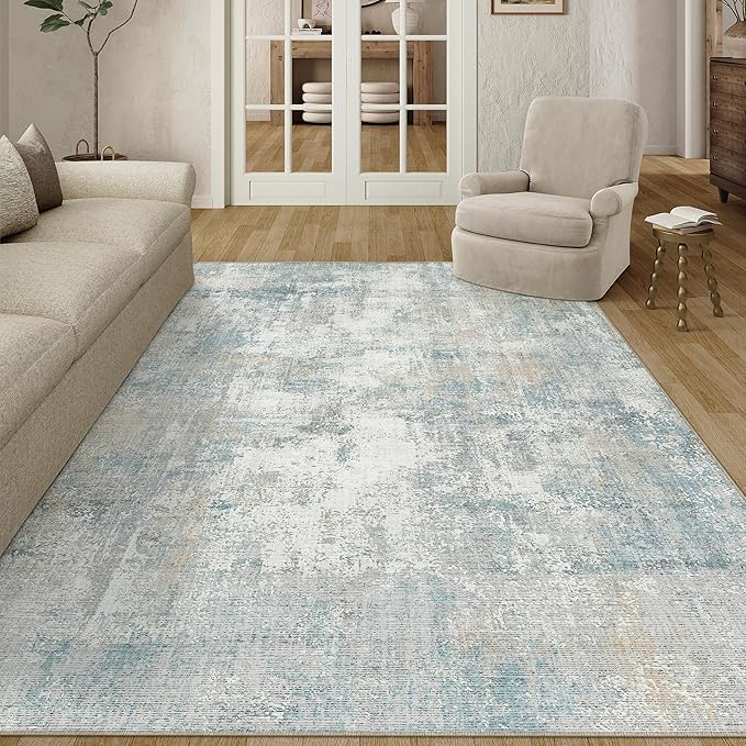WondRg 6x9 Washable Area Rug Blue Cream Abstract Living Room Bedroom Carpet Neutral Modern Non-Slip Soft Low Pile Lightweight Vacuumable Throw Rug for Dining Room Kitchen