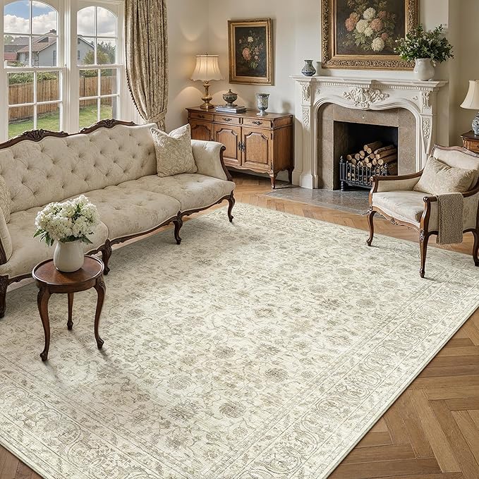 PureCozy 8x10 Area Rug Machine Washable Living Room Bedroom Vintage Distressed Non Slip Carpet Indoor Large Low Plie Thin Beige Dining Room Office Retro Accent Throw Rug