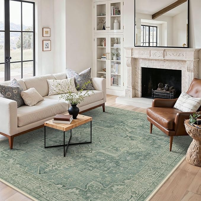 BESBLEE 5x7 Area Rugs for Living Room, Machine Washable Rug, Non Slip Vintage Rugs, Low Pile Lightweight Print Rug for Bedroom, Dining Room, Home Office, Green