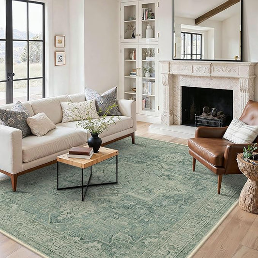 BESBLEE 5x7 Area Rugs for Living Room, Machine Washable Rug, Non Slip Vintage Rugs, Low Pile Lightweight Print Rug for Bedroom, Dining Room, Home Office, Green