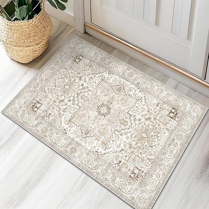 Fortsea Area Rug 2x3, Lightweight Washable Rugs for Entryway Bathroom Kitchen, Ultra-Thin Absorbing Low Pile Non Slip Rubber Rugs Backing, Durable Aesthetic Vintage 2x3 Rug (Cream/Light Beige, 2X3)