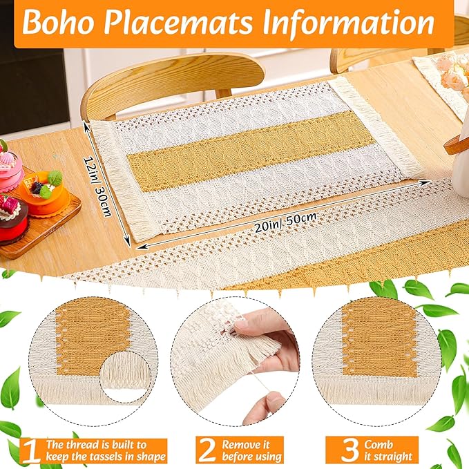6 Sets Boho Placemats Round Woven Placemats, Cloth Napkins, Wood Bead Napkin Rings, Long Table Runner and Farmhouse Rustic Burlap Cotton for Kitchen Dining Table Home (Yellow)
