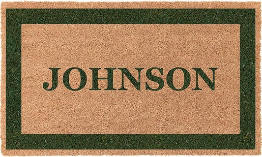 COCO MATS 'N MORE Green Single Bordered Personalized Coco Doormat 18" x 30" with Vinyl Backing