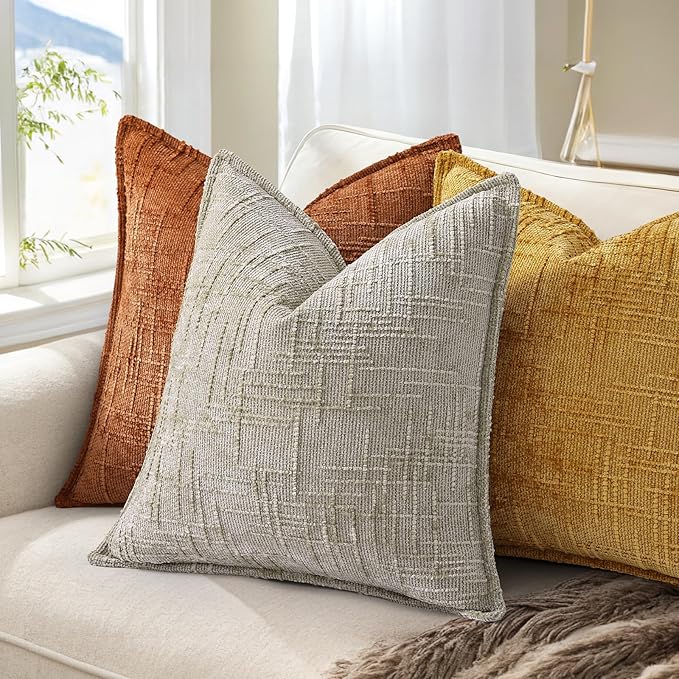 decorUhome Chenille Throw Pillow Covers 16x16 Set of 2, Thick Textured Slubby Neutral Decorative Pillow Covers with Elegant Design for Couch, Sofa, Living Room, Rust