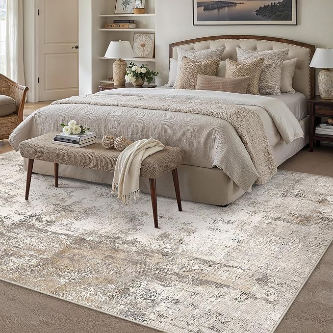 WondRg 6x9 Washable Area Rug Brown Grey Abstract Living Room Bedroom Throw Rug Neutral Modern Non Slip Soft Low Pile Indoor Carpet for Dining Room Office Entryway
