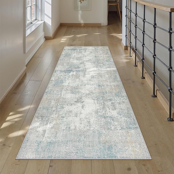 WondRg 2x6 Washable Runner Rug Blue Cream Abstract Hallway Kitchen Throw Rug Neutral Modern Non Slip Soft Low Pile Lightweight Carpet for Bathroom Laundry Bedroom Living Room